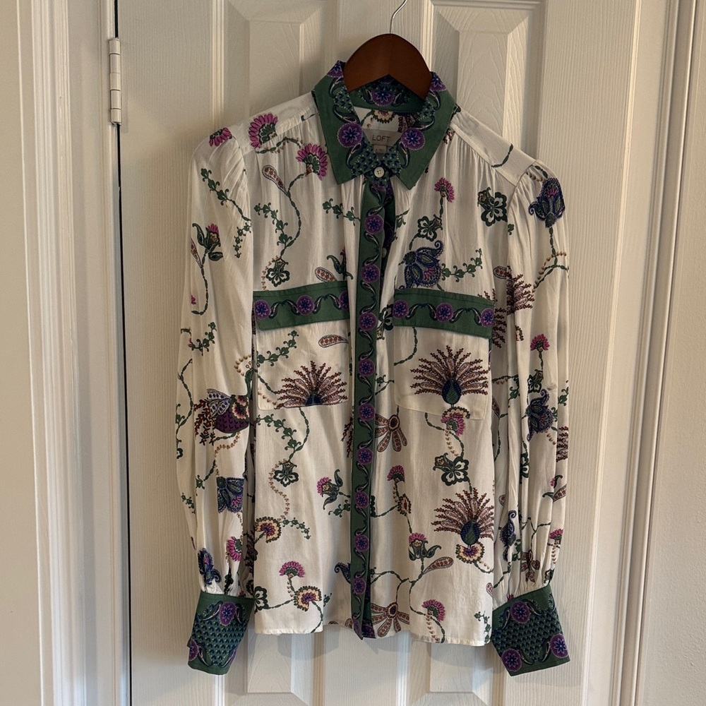 LOFT Floral Blouse - White and Green